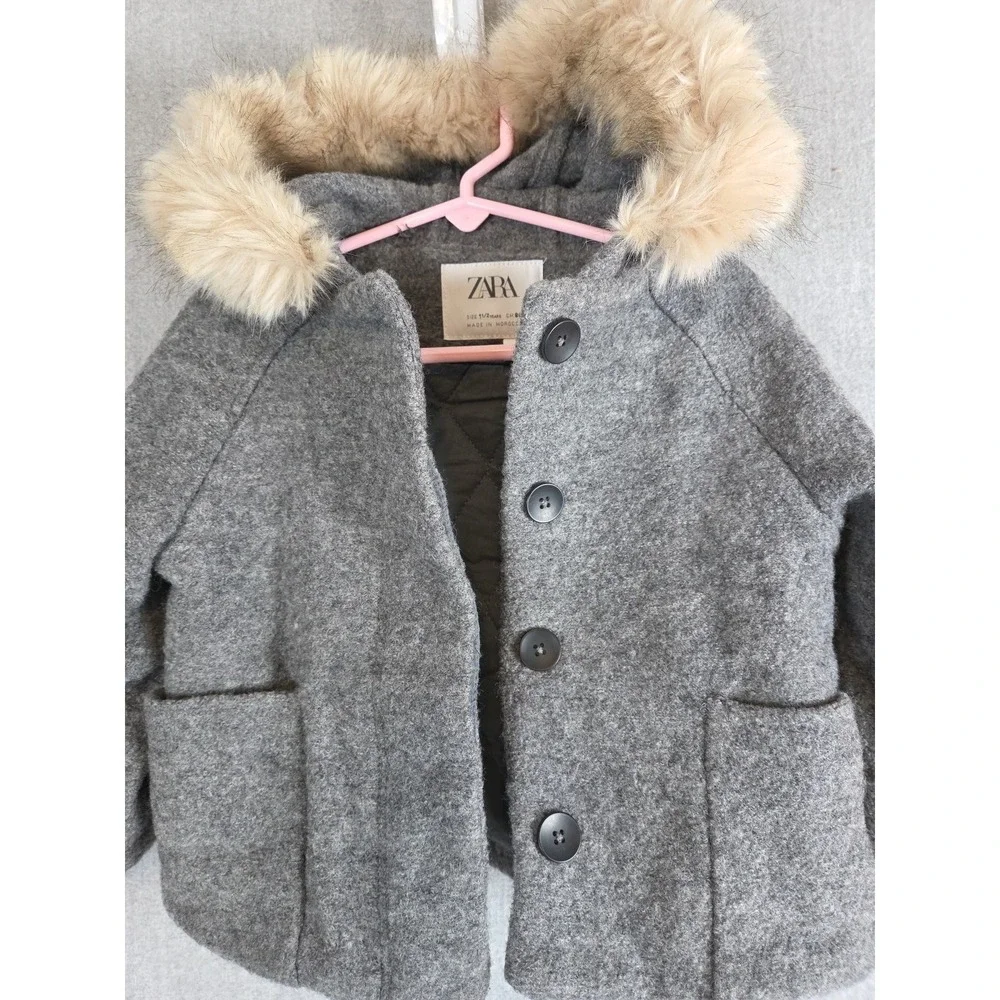 Zara Kids Girls 18 Months Wool Duffle Pea Coat Gray Faux Fur‎ Hood Trim Classic